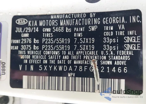 2015 Kia Sorento Sx V6 from USA, damaged, VIN 5XYKWDA78FG621466